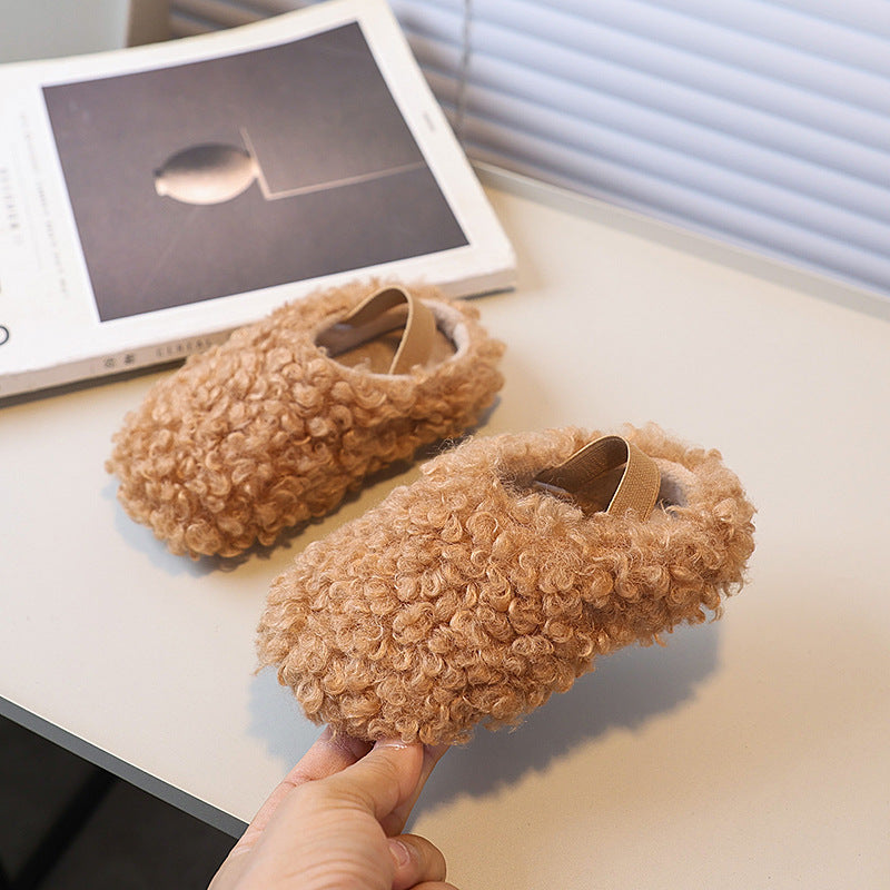 Vancahao girls' winter fleece-lined lambswool outdoor cotton shoes  korean style children's warm half-slipper fuzzy shoes