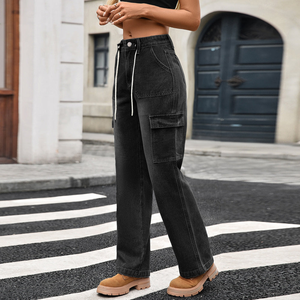 Fashion cross-border export  new style straight-leg jeans women's american casualtie back multi-pocket workwearjeans