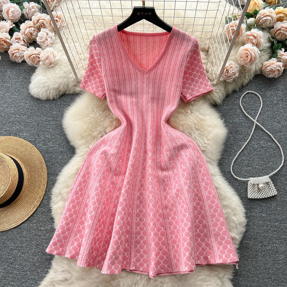 Knitted dress  new women's summer korean style elegant v-neck slim fit short a-line maxi skirt trendy women's fashion
