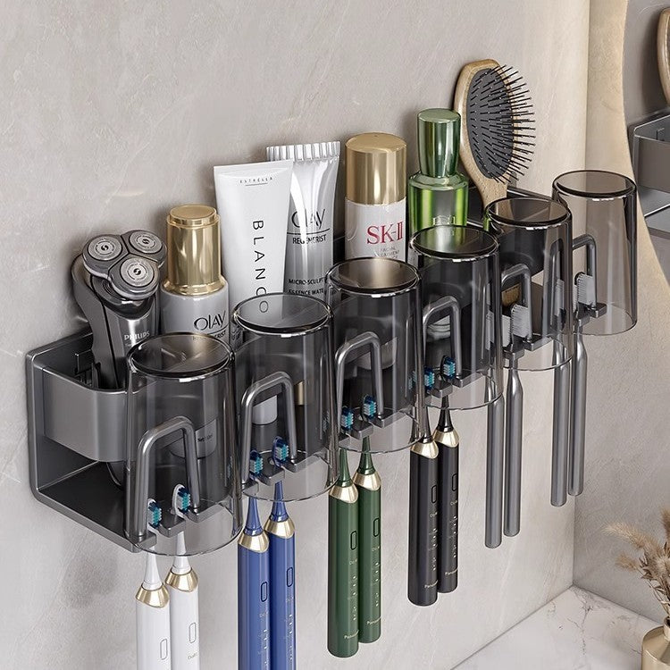 White toothbrush rack, punch-free bathroom toothbrush and mouthwash cup hanging rack, wall-mounted electric toothbrush rack cup