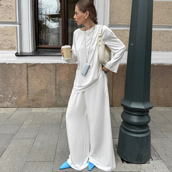 2025  new autumn women's suit solid color round neck long-sleeved trousers basic t-shirt high-end two-piece set