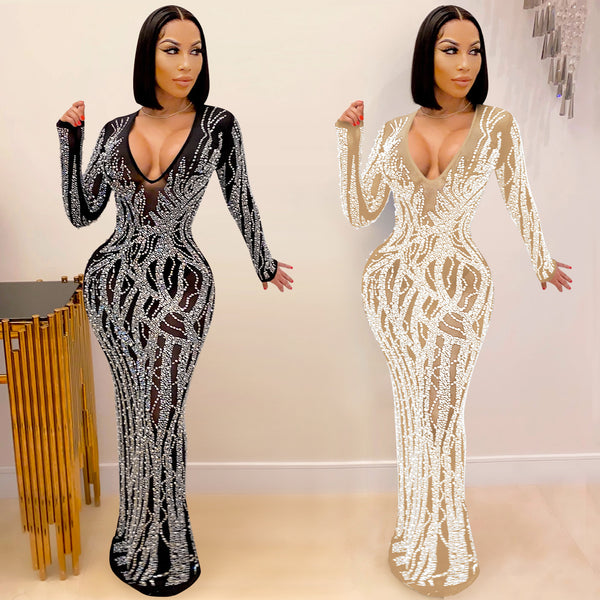 X5002  European and American new products nightclubs, sexy hot diamonds with diamonds, perspective mesh yarn, shiny women's dress, long dress