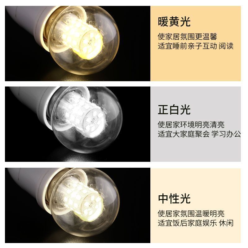 Super bright light bulb led three-color dimming for home screw 5w 7w chandelier e27 transparent small round bulb magic bean energy saving