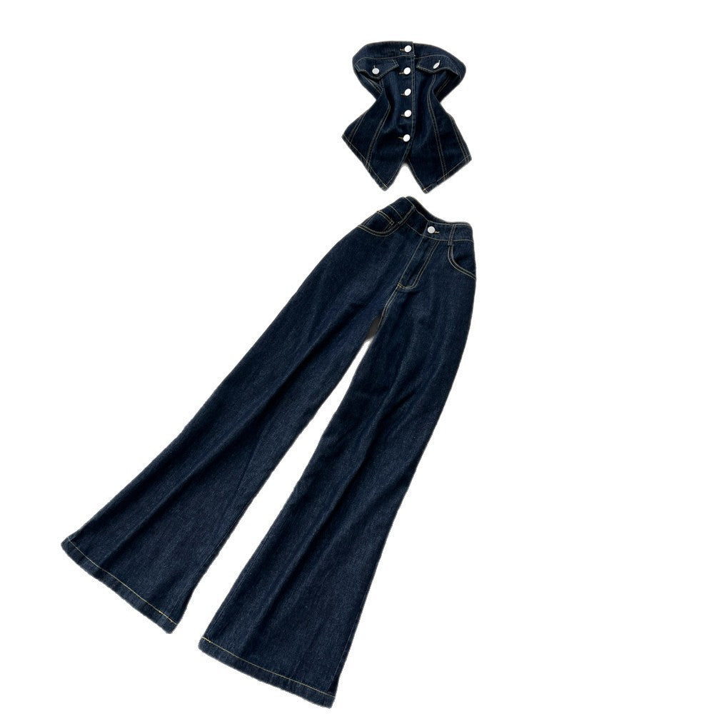 Korean style commute outfit: denim two-piece set for women - summer slim fit, high-waisted, effortless style