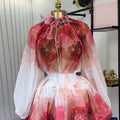 European and american cross-border women's fashion  autumn new collection: elegant oil painting floral print puff sleeve blouse and high-waisted midi skirt set