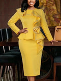 Autumlong sleevespatchworkpure color one-step skirt stereo flower rufflesilm hip-hugging work clothingdress dress