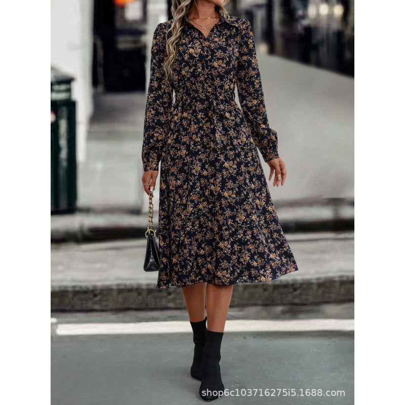 Women's  autumn new arrivals: women's v-neck floral mini dress with long sleeves and a-line asymmetrical placket
