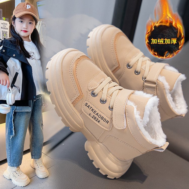 儿童加绒加厚高帮棉鞋冬季男女童皮毛一体外穿保暖雪地靴女童棉鞋
