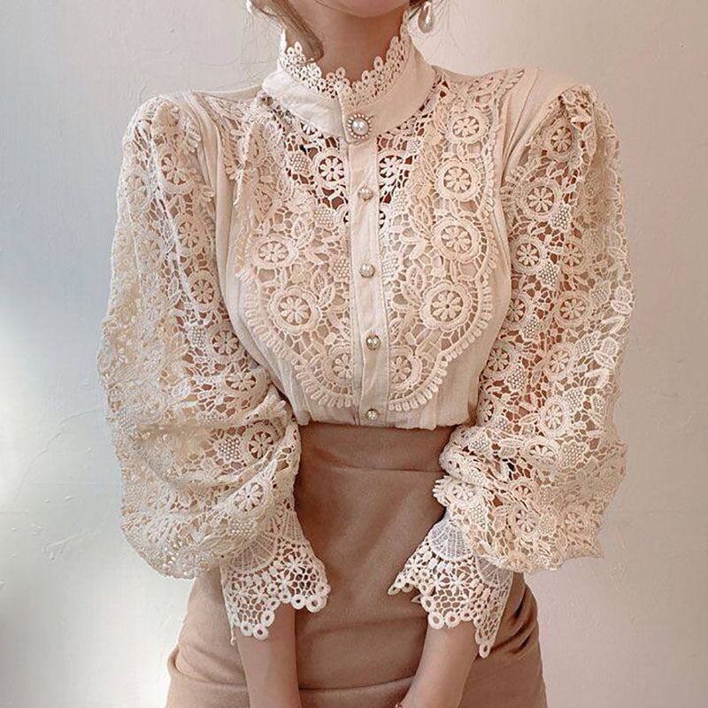 new women's lace French hollow lace long-sleeved stand-up collar cotton versatile women's shirt
