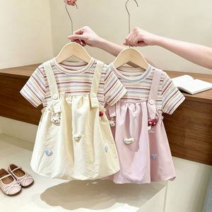 Girls' summer suspender dress,  new style children's dress, faux two-piece chic short-sleeve baby summer outfit