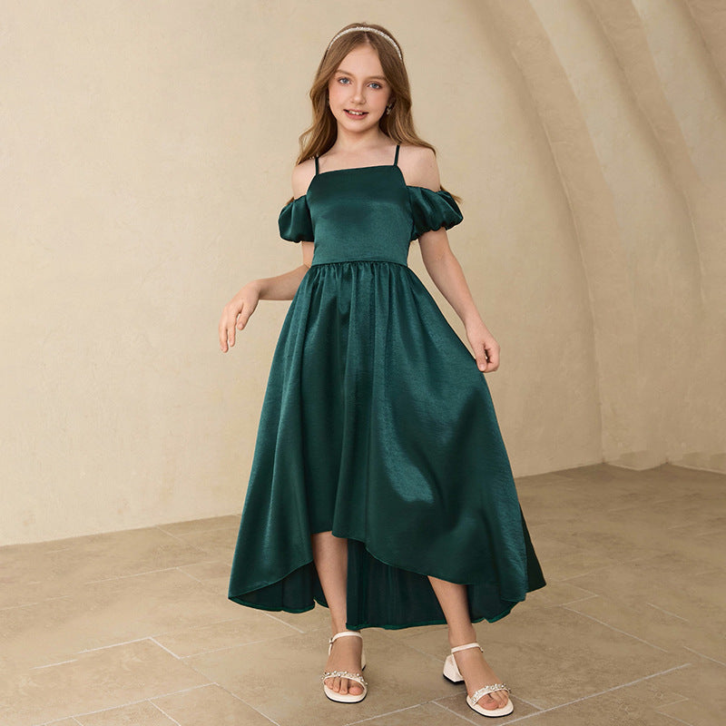 Girls' french-style formal dress, off-the-shoulder, elegant, high-end satin dress, new  one-shoulder slim-fit, cross-border export