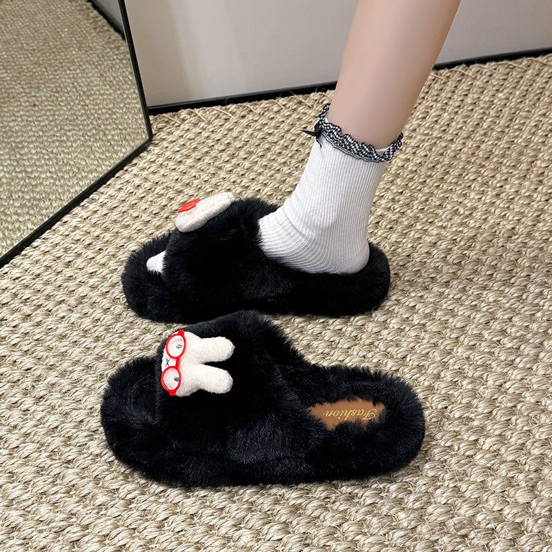 Glasses rabbit cute furry slippers women's korean style trendy cotton slippers comfortable casual thick sole warm home slippers