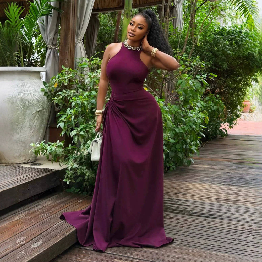 European and american cross-border women's fashion:  summer new arrival - sexy and elegant halter neck, slim-fit, ruched sleeveless maxi dress