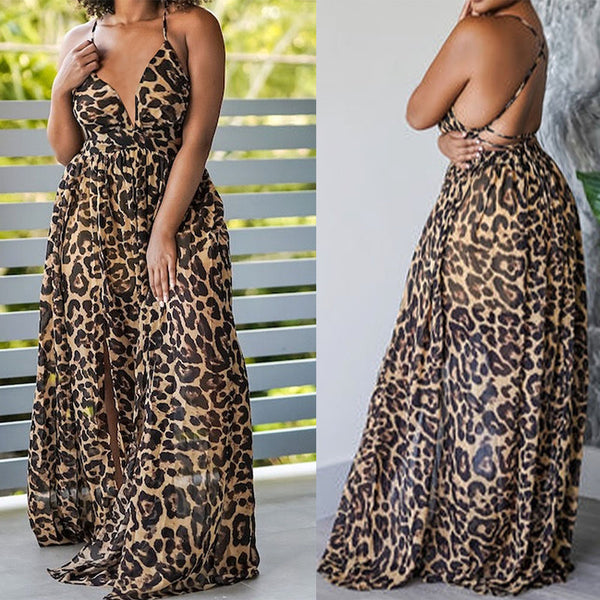 TW453 European and American Independent Station Female Sexy Split Leopard Print Deep V-Neck High Waist Cross Shoulder Strap Halter Suspender Dress