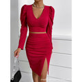 Women's  autumn new arrival: v-neck, figure-flattering, slit-back, solid color, long-sleeve two-piece set