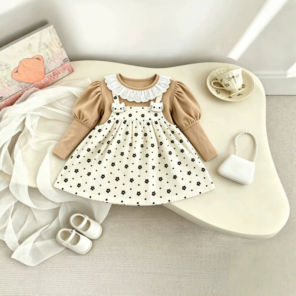 Girls' dress - trendy  new style - baby girl faux two-piece dress - princess style cute polka dot dress