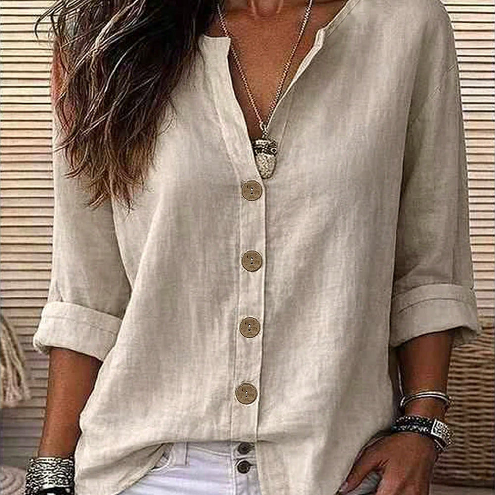 Exclusively for us & european cross-border e-commerce:  autumn beige cotton linen shirt - relaxed fit, v-neck, roll-up sleeves, mid-length top