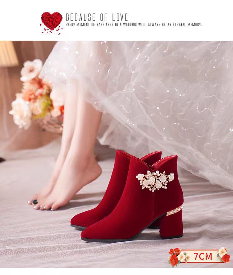 Wedding shoes bridal shoes winter fleece-lined thick heel 2024new arrivalwinter red high heels women's wedding boots not tiring feet