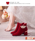 Wedding shoes bridal shoes winter fleece-lined thick heel 2024new arrivalwinter red high heels women's wedding boots not tiring feet