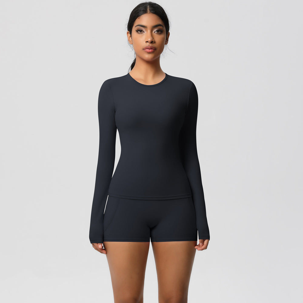 European and american solid color slim-fit long sleeve t-shirt yoga outfit set - high-waisted, barely-there feel, quick-dry activewear two-piece set for running and fitness
