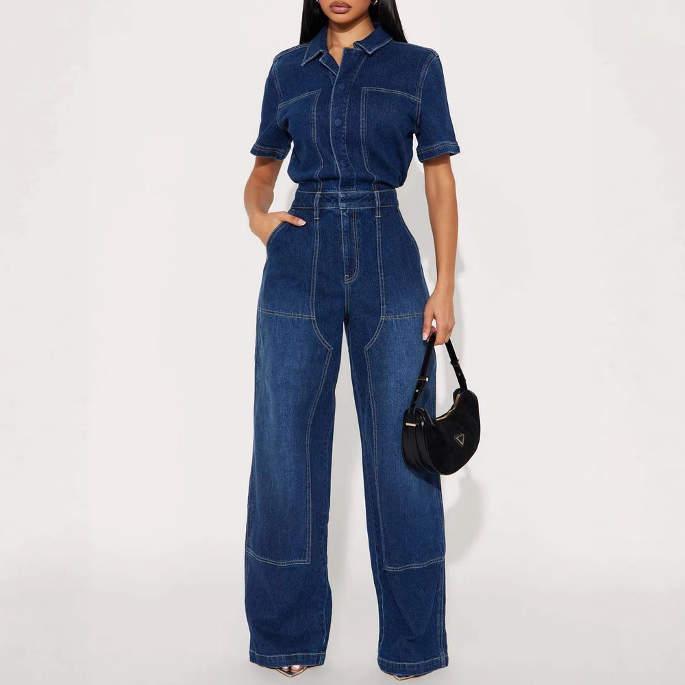 Fashion jumpsuit women's new arrival hot selling dark blue fashionableelegant jumpsuit denim pants washed stretch jumpsuit