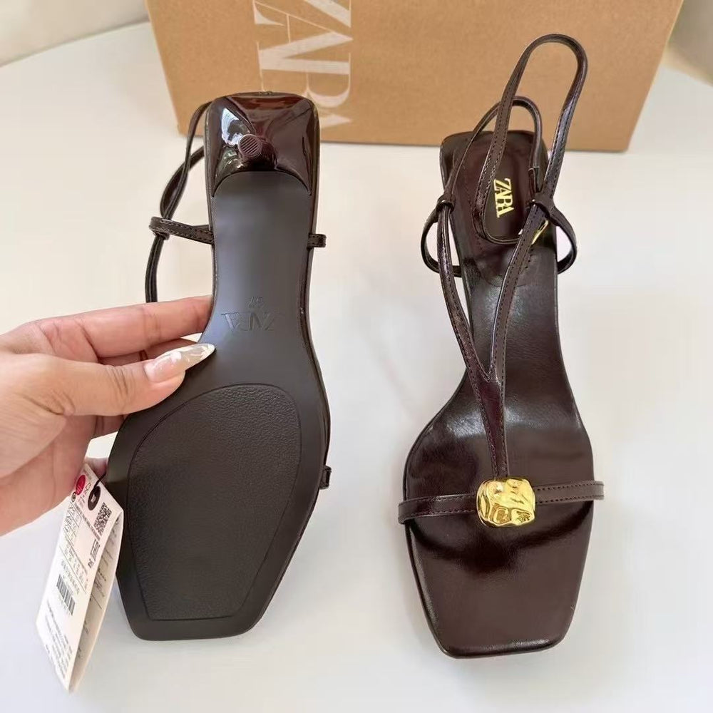 Za autumn new arrivals 2024: stiletto heel sandals with metal buckle detail, ankle strap, and back tie closure