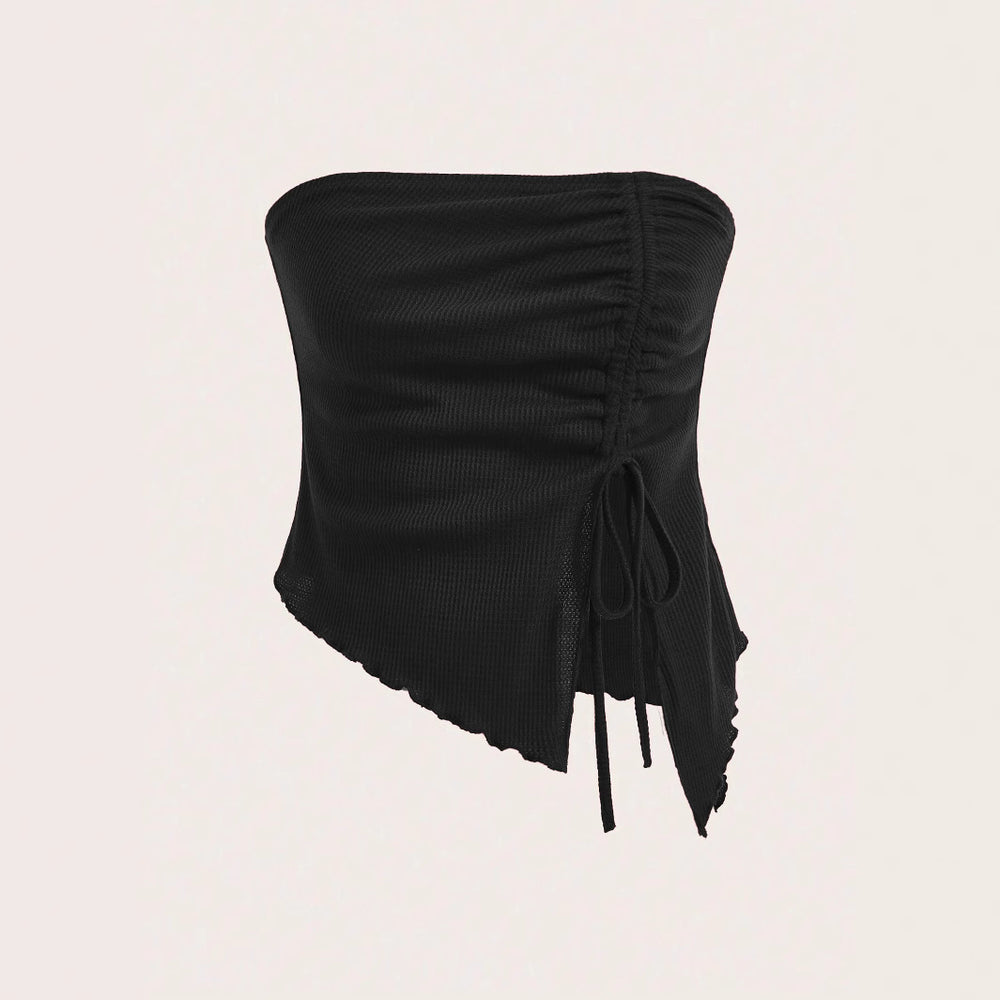 european and american women's clothing  summer new drawstring slit irregular waffle knit bodycon bandeau top