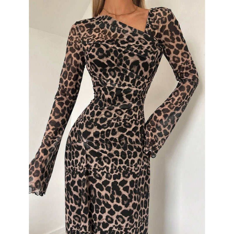 fashionautumnew arrival leopard print elegance asymmetrical off-shoulder fashioncasuallong sleevessdress for women