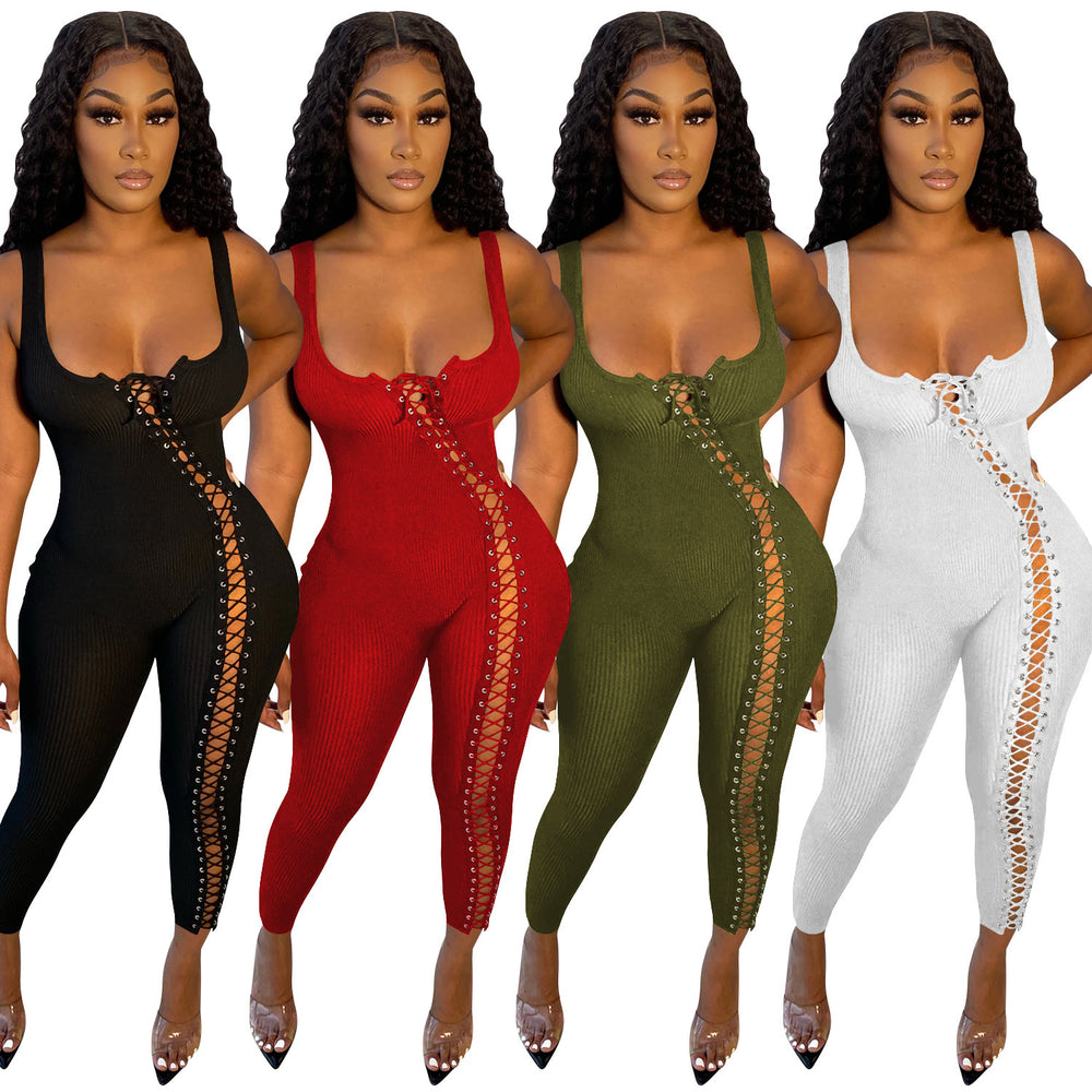 C5245    european and american women's fashion summer new sexy strappy hollow-out jumpsuit