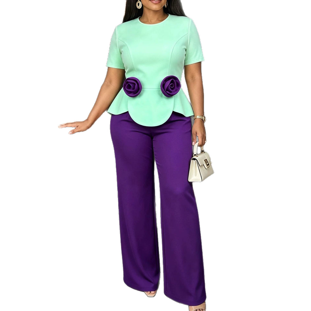New arrivalpatchworkcontrast color jumpsuit lotus leaf hem stereo flower slimming lookstraight-leg jumpsuit jumpsuits