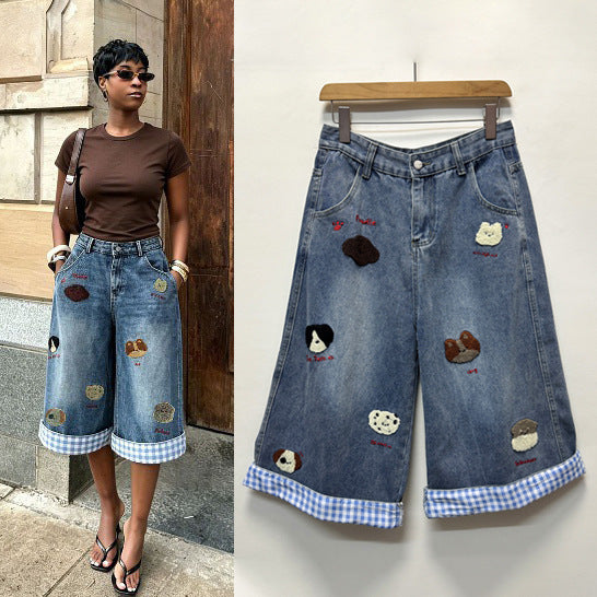 foreign trade  european and american new arrivalretro puppy embroiderplaidpatchwork wide-leg loose cropped jeans for women