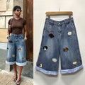 foreign trade  european and american new arrivalretro puppy embroiderplaidpatchwork wide-leg loose cropped jeans for women