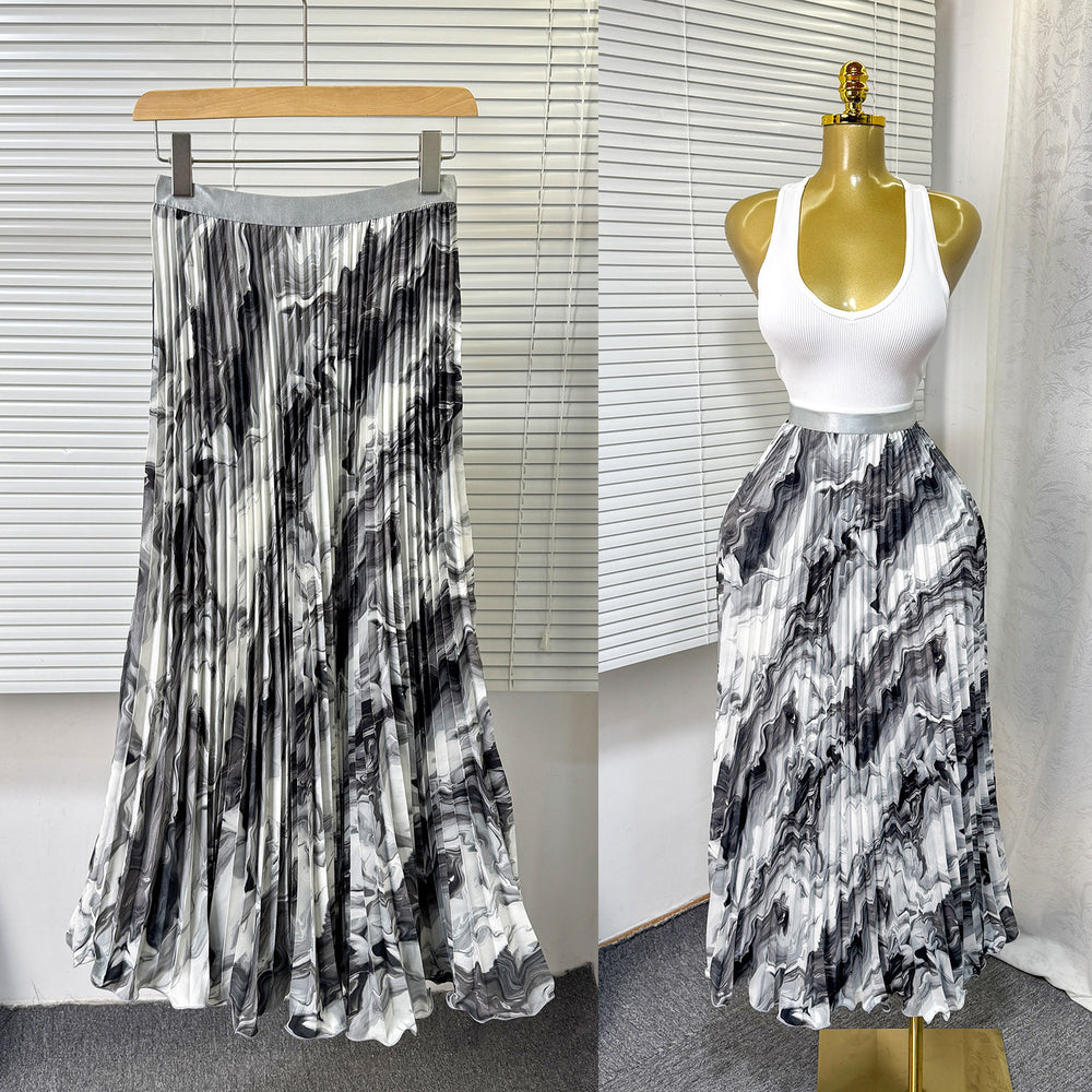 Exportsweeteasiest for matchpleated skirt large swing printing skirt women's frenchhigh waista-line medium long pleated skirt