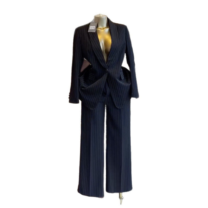 European and american cross-border women's fashion:  spring new collection - stylish and elegant striped blazer and wide-leg pants casual set