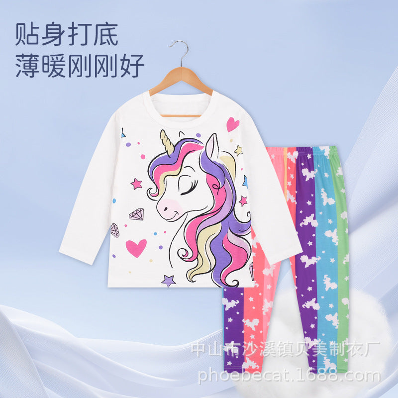 Flame-retardant kids home wear suitgirl youth air-conditioning autumn clothes and long trousers thin close-fitting source factory wholesale