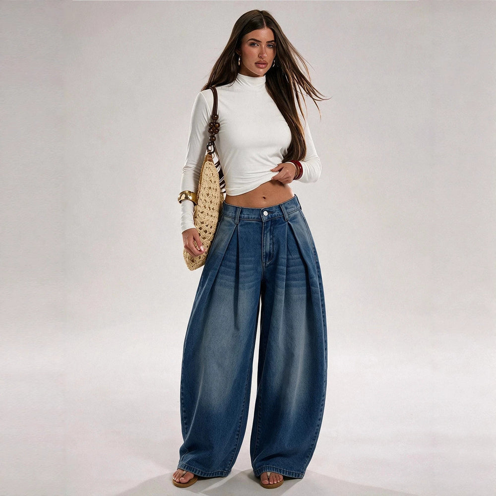 Fashionjeans women's high waist pleated wide leg jeans washed loose pleated large trouser legs draped denim pants