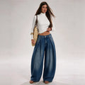 Fashionjeans women's high waist pleated wide leg jeans washed loose pleated large trouser legs draped denim pants