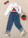 new autumn cross-border baby & toddler cute strawberry print top + embroidered denim maxi skirt with bag 3-piece set