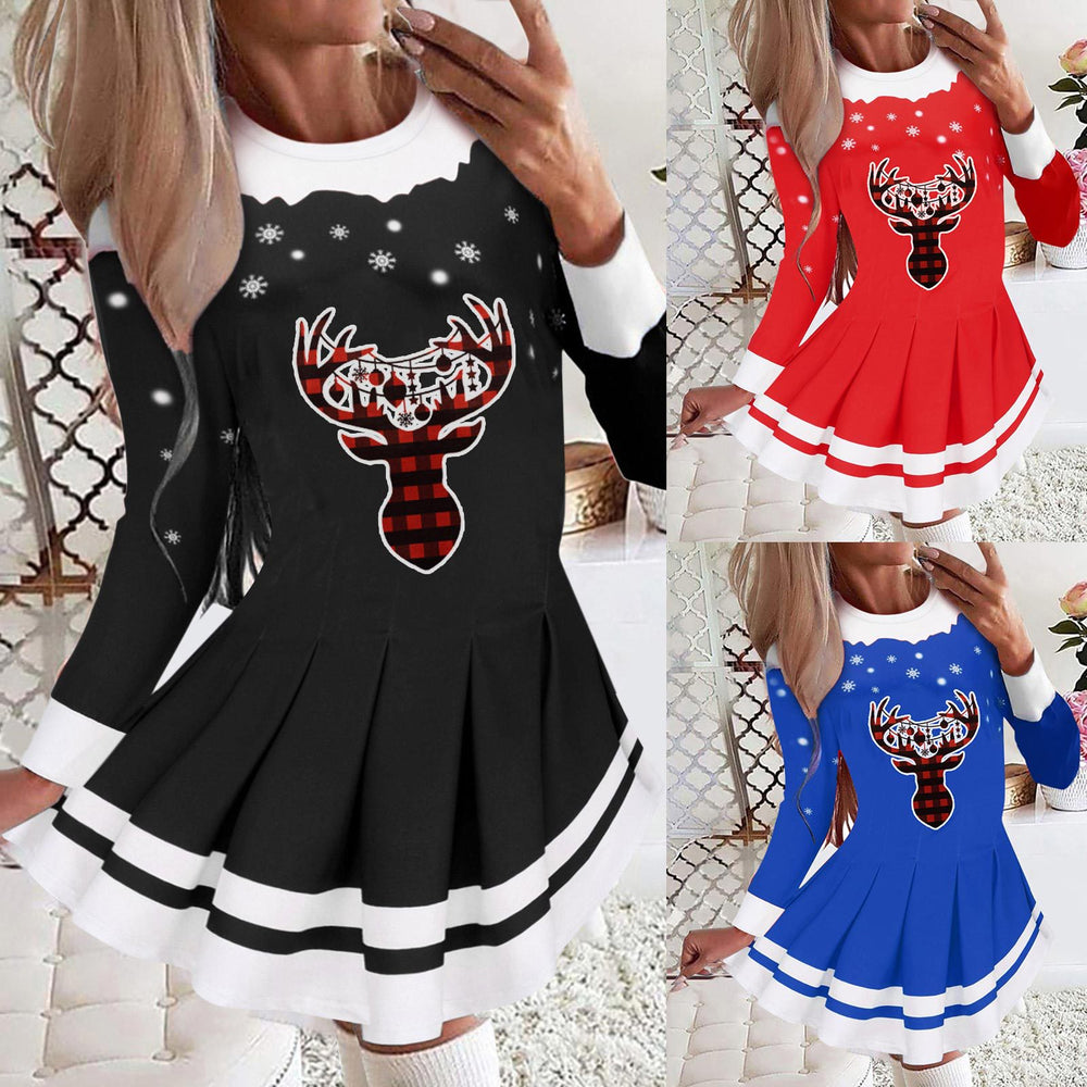 european and american cross-border women's autumn/winter new collection: round neck long sleeve pleated casual party dress