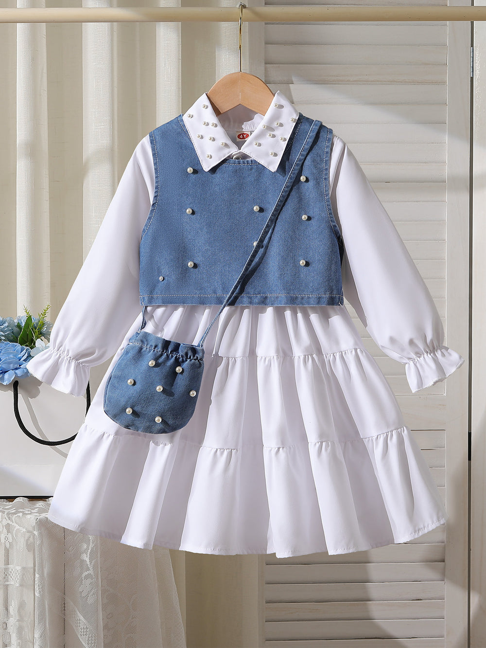 cross-border autumn new arrival: shirt collar bubble bead dress + bubble bead denim vest + crossbody bag three-piece set