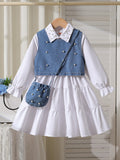 cross-border autumn new arrival: shirt collar bubble bead dress + bubble bead denim vest + crossbody bag three-piece set