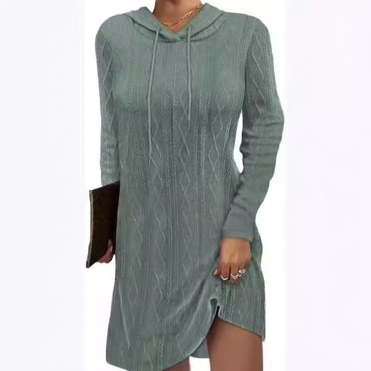 European and American   independent station 2024 solid color long-sleeved hooded pullover knitted dress women