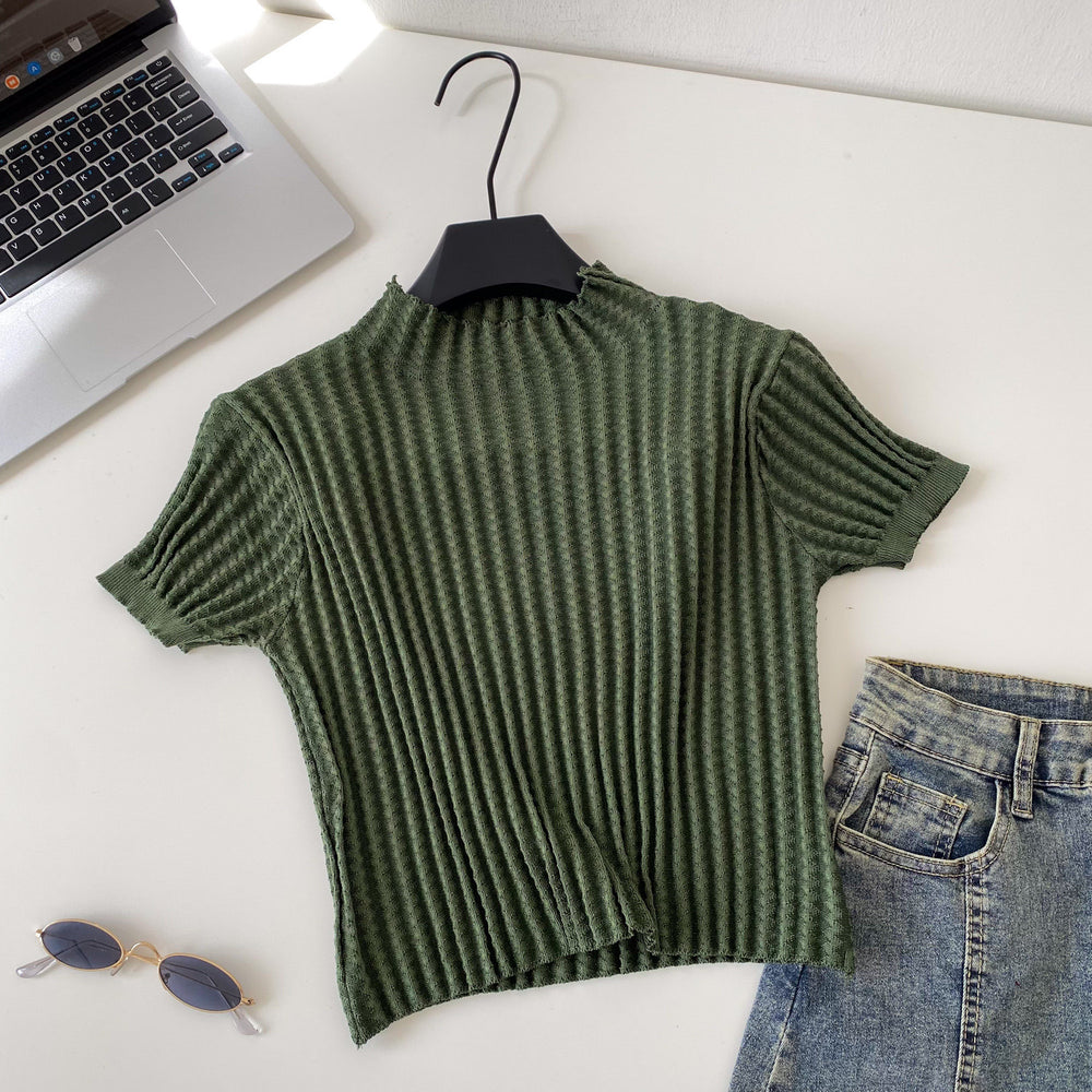 Retrowork clothing style half turtleneck knitting short-sleeved cardigan women's summer age-reducing silmslimming lookeasiest for matchsweatertops