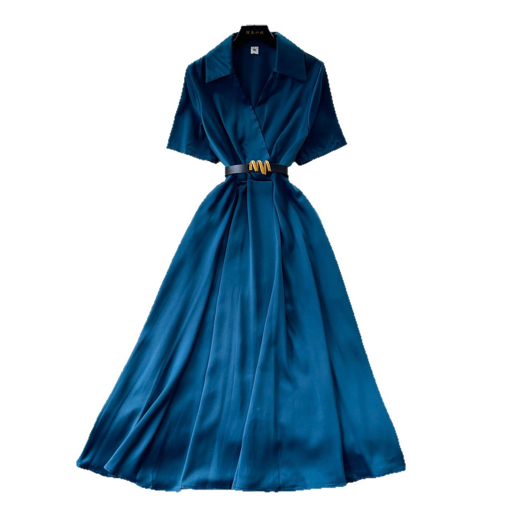 Light mature style lapel short-sleeved satindress women's summer soft waist slimming look a-line long skirt work clothingelegant