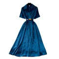 Light mature style lapel short-sleeved satindress women's summer soft waist slimming look a-line long skirt work clothingelegant