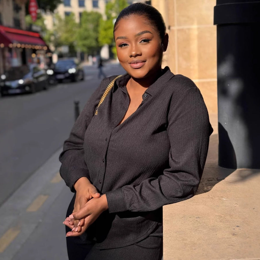 European and American large-size lapel cardigan shirt black trousers African new loose long-sleeved women's fashion two-piece set trendy
