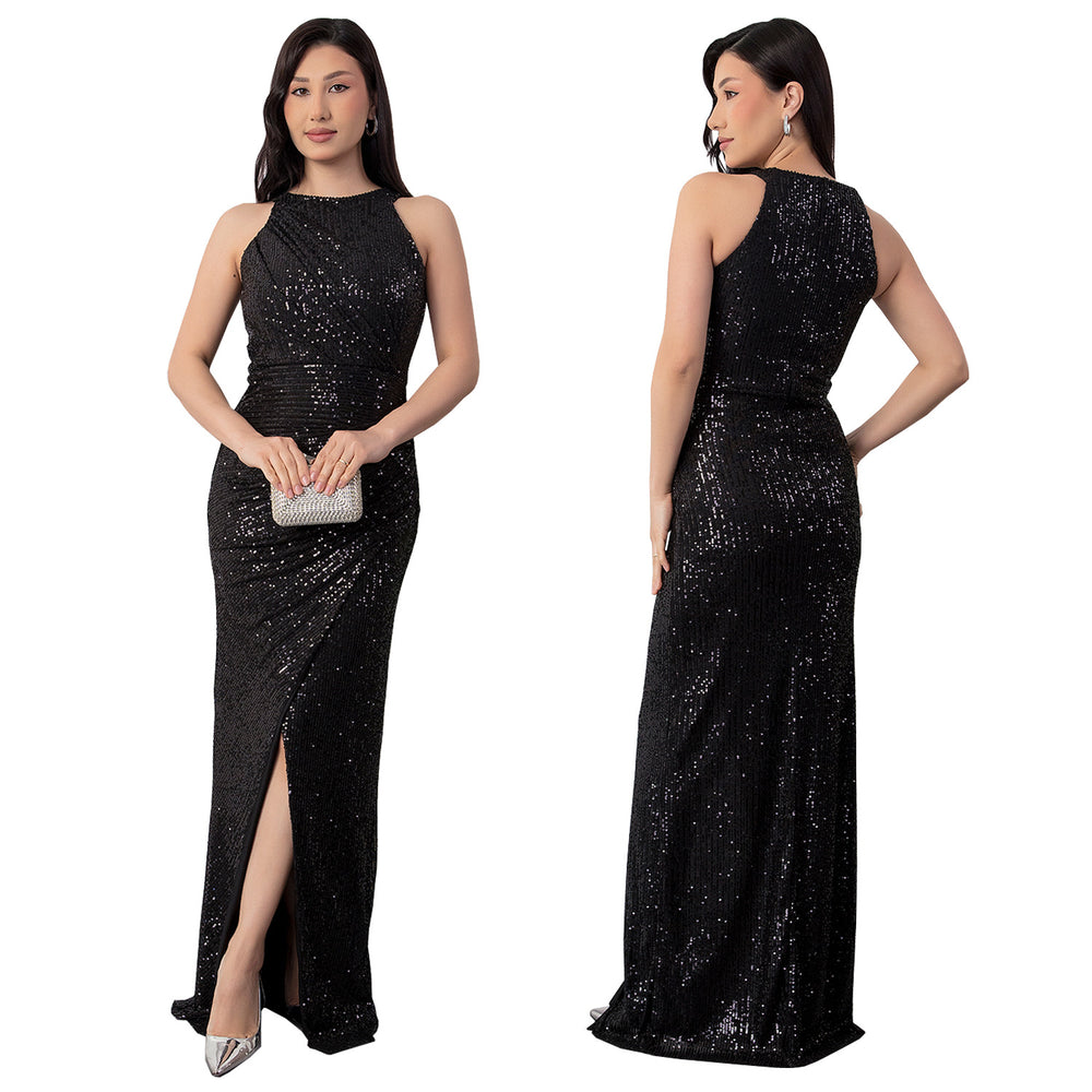 C7356 cross-border   fashion women's sequin textured slit evening gown dress