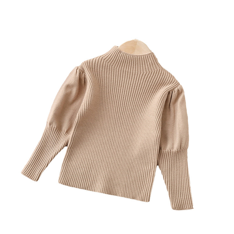 Women's kidssweaterwinterhigh collar puff sleeve bottom shirtpure colorsweatercasualeasiest for matchtops