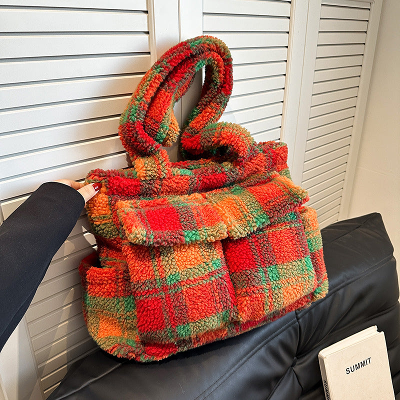 Contrasting color plaid bag women's 2025 autumn and winter new women's bag shoulder bag fashion trend large capacity women's commuter bag
