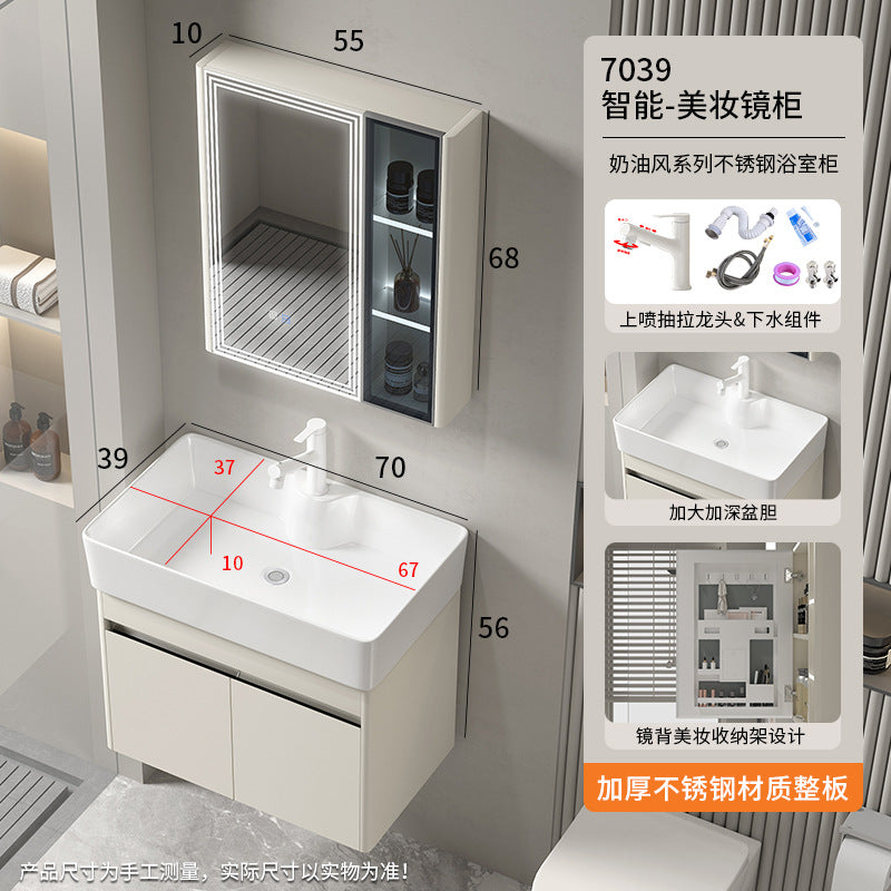 Small apartment bathroom cabinet Thickened stainless steel washstand Integrated cabinet Storage mirror Washstand Deepened ceramic integrated basin